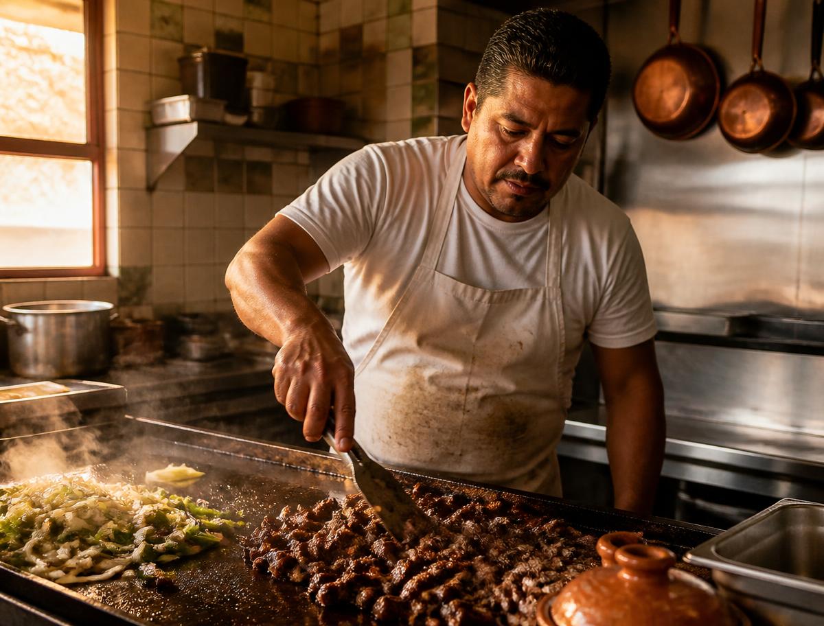 A taquero cooking carne asada on a hot griddle in his restaurant kitchen
