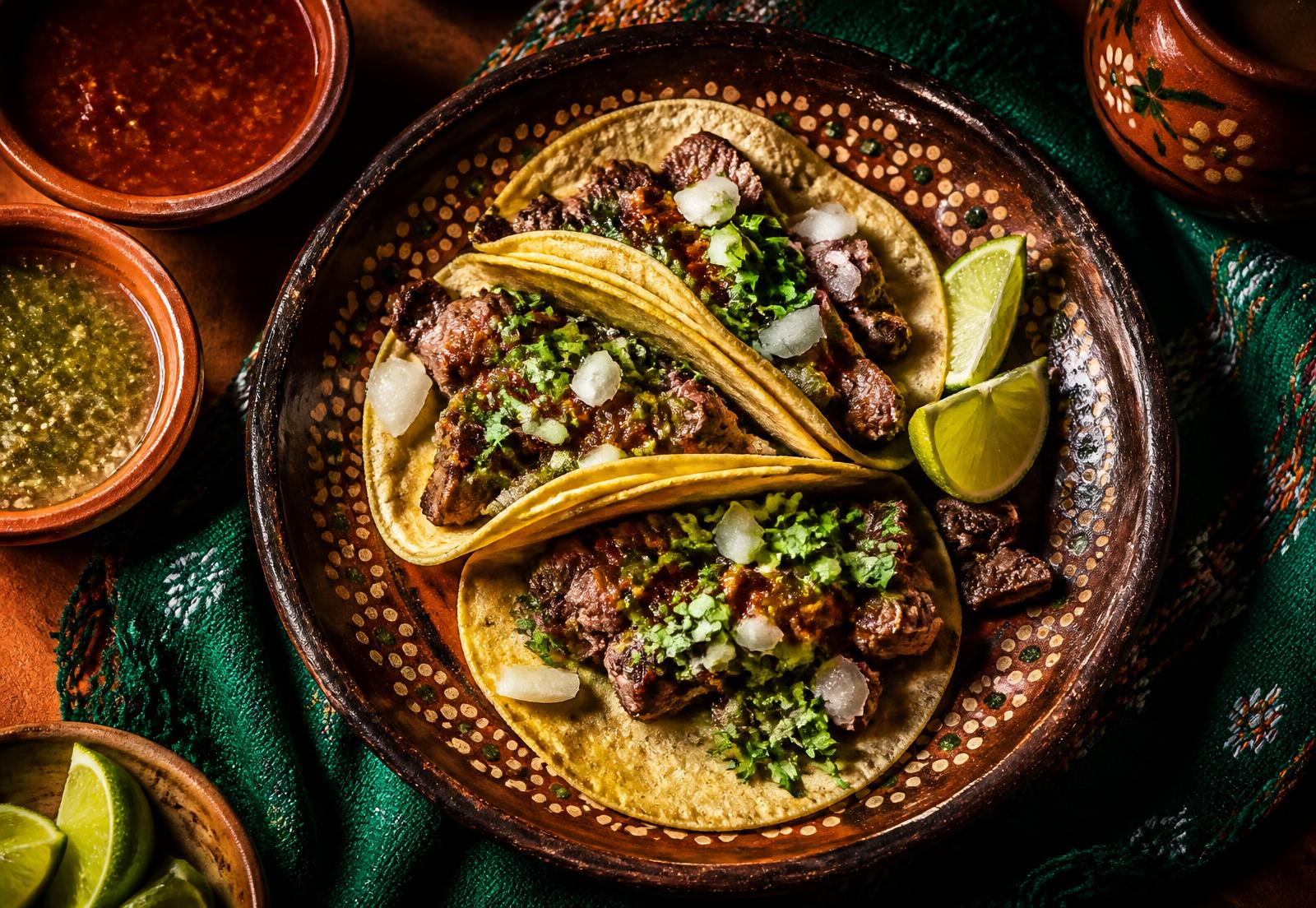 Tacos on a tray at a busy taquería counter